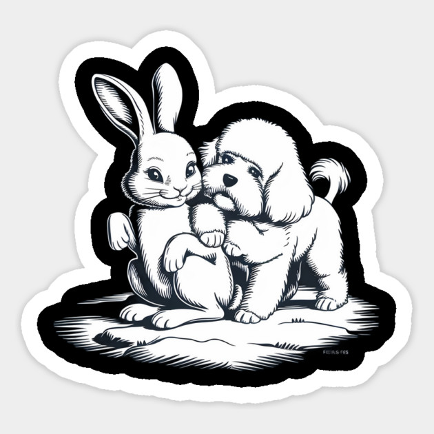 Black and White Illustration of a Rabbit and a Puppy Sitting Close Together Magnet by animegirlnft