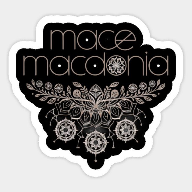 Macedonia a Stylized Font, Positioned Above and Below a Symmetrical Floral Pattern with Various Flowers and Leaves Sticker by animegirlnft