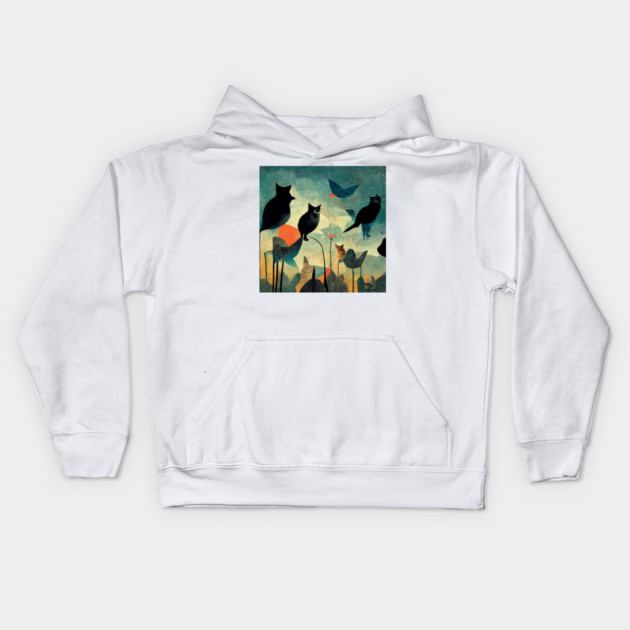 Cats and birds look at each other. Kids Hoodie by SR8891