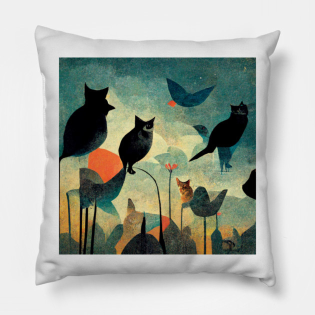 Cats and birds look at each other. Pillow by SR8891