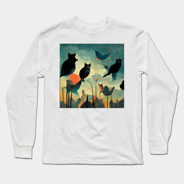 Cats and birds look at each other. Long Sleeve T-Shirt by SR8891