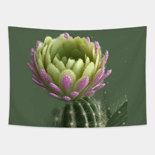 Cactus With a Blooming Flower on Top, Covered in Water Droplets Tapestry by animegirlnft