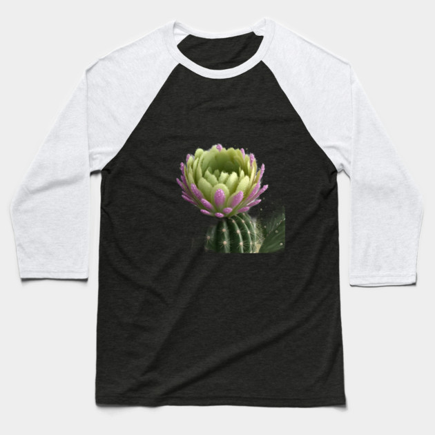 Cactus With a Blooming Flower on Top, Covered in Water Droplets Baseball T-Shirt by animegirlnft