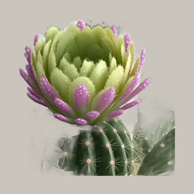 Cactus With a Blooming Flower on Top, Covered in Water Droplets by animegirlnft