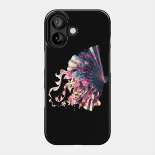 Colorful and Artistic Depiction of a Blooming Flower Arrangement Emerging from an Open Fan, Inspired by Traditional Japanese Art Phone Case