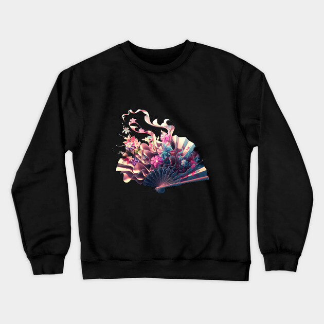 Colorful and Artistic Depiction of a Blooming Flower Arrangement Emerging from an Open Fan, Inspired by Traditional Japanese Art Crewneck Sweatshirt by animegirlnft