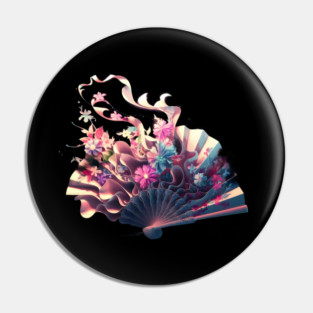 Colorful and Artistic Depiction of a Blooming Flower Arrangement Emerging from an Open Fan, Inspired by Traditional Japanese Art Pin