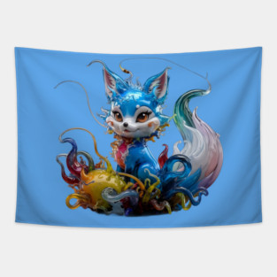 Colorful Creature Resembling a Fox, with Large Eyes and Ears, and a Body that Appears Tapestry