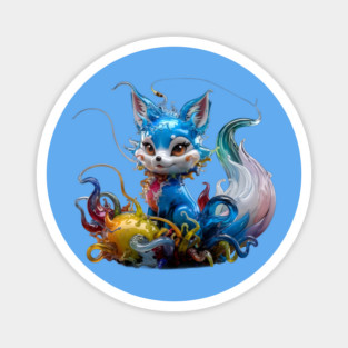 Colorful Creature Resembling a Fox, with Large Eyes and Ears, and a Body that Appears Magnet