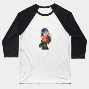 Girl Profile Filled with a Vibrant Nature Scene, Featuring Trees, a Sunset or Sunrise Sky, and a River Flowing Through a Landscape Baseball T-Shirt