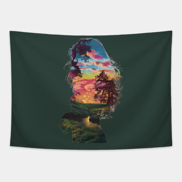 Girl Profile Filled with a Vibrant Nature Scene, Featuring Trees, a Sunset or Sunrise Sky, and a River Flowing Through a Landscape Tapestry by animegirlnft