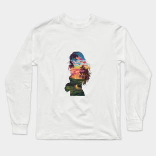 Girl Profile Filled with a Vibrant Nature Scene, Featuring Trees, a Sunset or Sunrise Sky, and a River Flowing Through a Landscape Long Sleeve T-Shirt