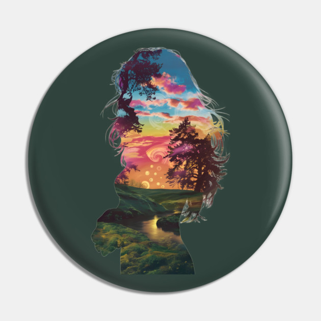 Girl Profile Filled with a Vibrant Nature Scene, Featuring Trees, a Sunset or Sunrise Sky, and a River Flowing Through a Landscape Pin by animegirlnft