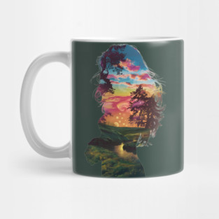Girl Profile Filled with a Vibrant Nature Scene, Featuring Trees, a Sunset or Sunrise Sky, and a River Flowing Through a Landscape Mug