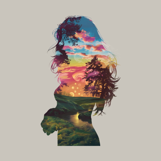 Girl Profile Filled with a Vibrant Nature Scene, Featuring Trees, a Sunset or Sunrise Sky, and a River Flowing Through a Landscape by animegirlnft