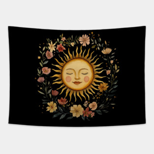 Zodiac Sun Resting in its Floral Wreath Tapestry