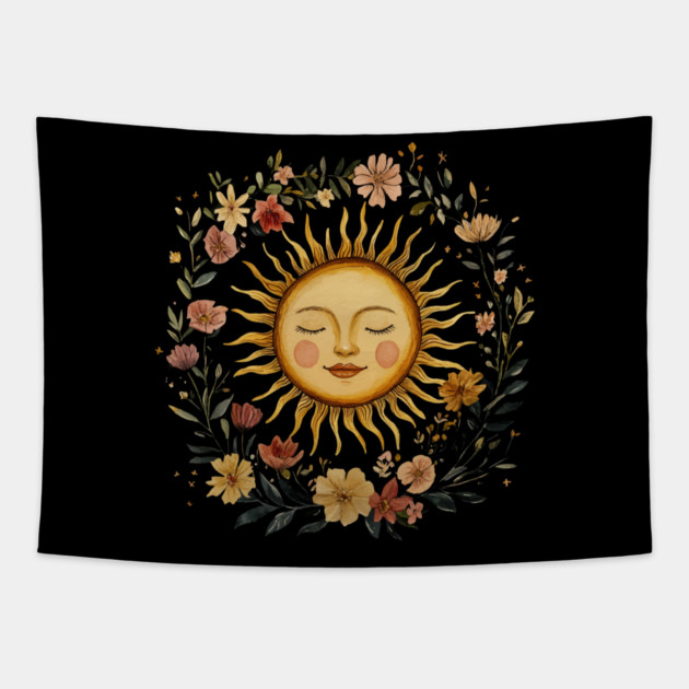 Zodiac Sun Resting in its Floral Wreath Tapestry by TuncGK