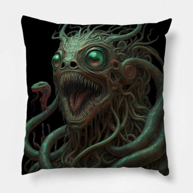 Fantastical Creature with Multiple Green Eyes and Snake-like Tendrils for Hair Pillow by animegirlnft