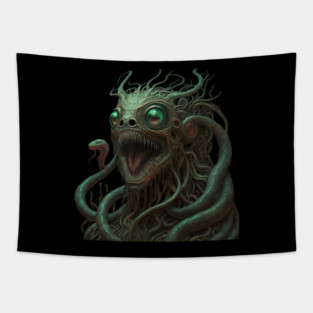 Fantastical Creature with Multiple Green Eyes and Snake-like Tendrils for Hair Tapestry