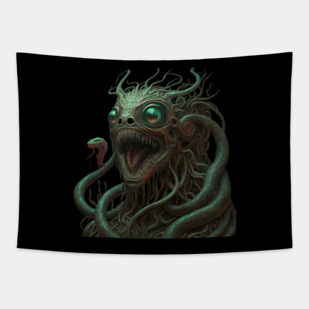 Fantastical Creature with Multiple Green Eyes and Snake-like Tendrils for Hair Tapestry by animegirlnft