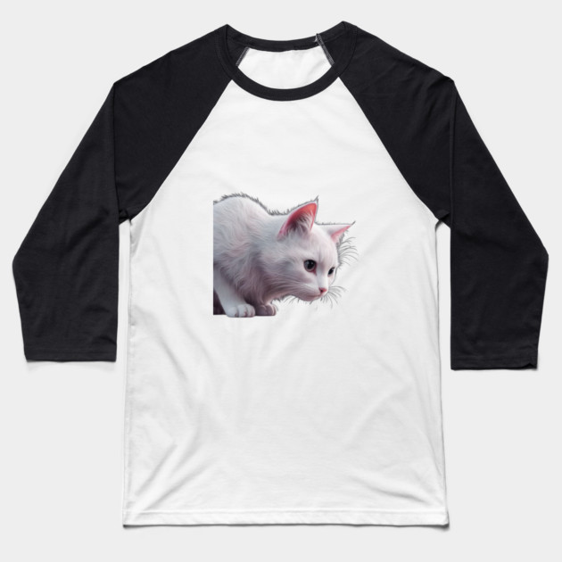 White Cat with Pink Inner Ears and Large, Detailed Eyes, Giving it a Very Lifelike Appearance. Baseball T-Shirt by animegirlnft