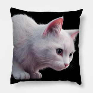 White Cat with Pink Inner Ears and Large, Detailed Eyes, Giving it a Very Lifelike Appearance. Pillow