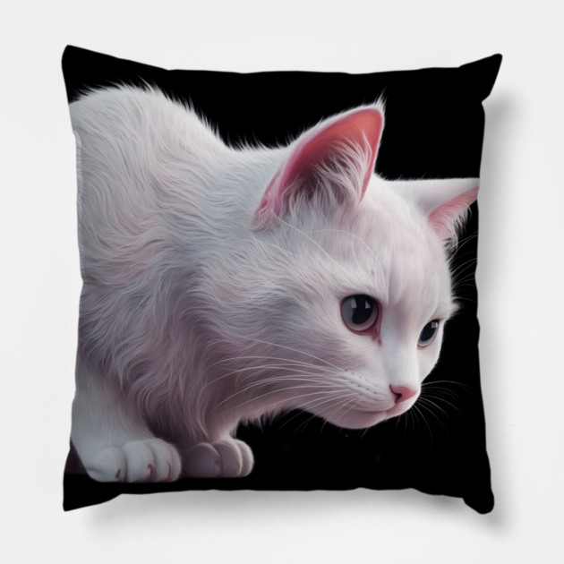 White Cat with Pink Inner Ears and Large, Detailed Eyes, Giving it a Very Lifelike Appearance. Pillow by animegirlnft