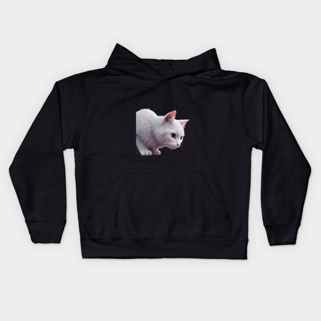 White Cat with Pink Inner Ears and Large, Detailed Eyes, Giving it a Very Lifelike Appearance. Kids Hoodie by animegirlnft