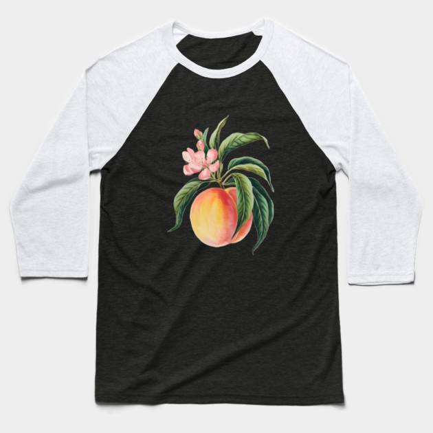 Encore  Peach on a Branch, Accompanied by Green Leaves and a Pink Peach Blossom Baseball T-Shirt by animegirlnft