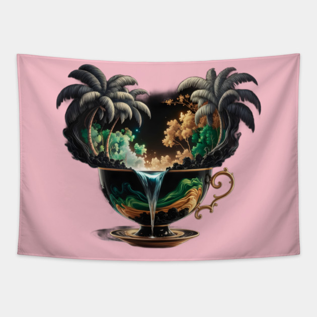 Cup with Liquid Spilling Out, Transforming Into a Landscape Scene with Palm Trees Tapestry by animegirlnft