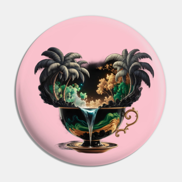 Cup with Liquid Spilling Out, Transforming Into a Landscape Scene with Palm Trees Pin by animegirlnft