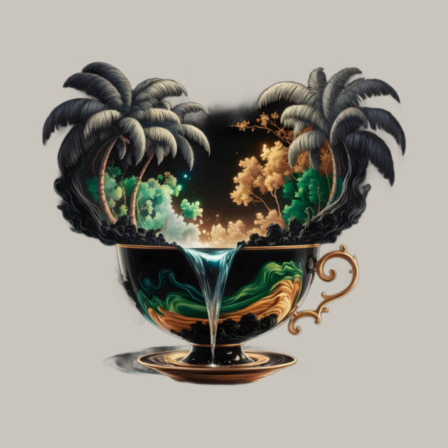 Cup with Liquid Spilling Out, Transforming Into a Landscape Scene with Palm Trees by animegirlnft