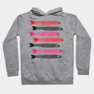 ANCHOVIES Bright Graphic Fun Groovy Fish in Black Red Pink - Horizontal Layout - UnBlink Studio by Jackie Tahara Hoodie