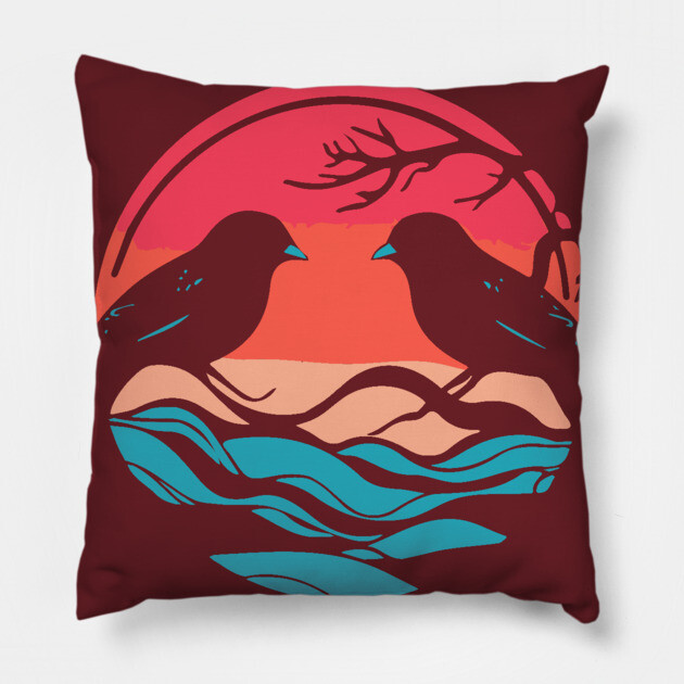 Lover Birds - Sunset Background - Tropical Colors Pillow by TuncGK