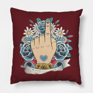 Hand Gesture with the Index Finger Raised, Surrounded by a Decorative Arrangement of Blue and White Flowers Pillow