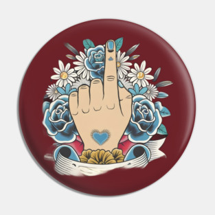 Hand Gesture with the Index Finger Raised, Surrounded by a Decorative Arrangement of Blue and White Flowers Pin