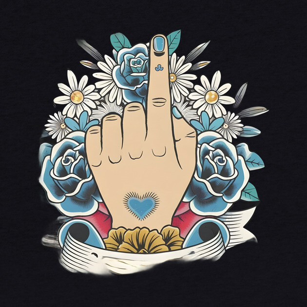 Hand Gesture with the Index Finger Raised, Surrounded by a Decorative Arrangement of Blue and White Flowers by animegirlnft