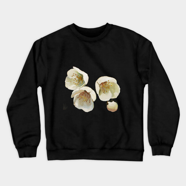Watercolor Painting of Three White Flowers with Yellow and Green Centers, Accompanied by Two Smaller Buds Crewneck Sweatshirt by animegirlnft