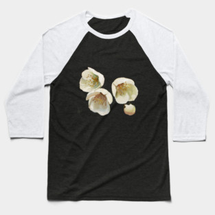 Watercolor Painting of Three White Flowers with Yellow and Green Centers, Accompanied by Two Smaller Buds Baseball T-Shirt