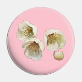 Watercolor Painting of Three White Flowers with Yellow and Green Centers, Accompanied by Two Smaller Buds Pin