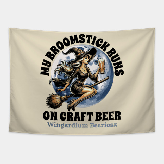 MY Broomstick Runs On Craft Beer Halloween Drinking Witch Tapestry by Joaddo