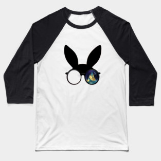 Pair of Round Glasses with One Lens Showing a Moonlit Castle Scene and Playful Rabbit Ears on Top Baseball T-Shirt