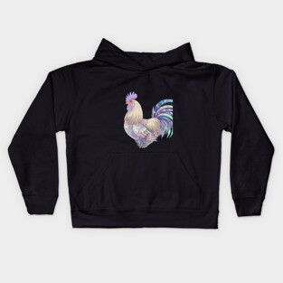 Rooster with Detailed and Colorful Plumage, Featuring Shades of Purple, Blue, and Iridescent Spots Kids Hoodie