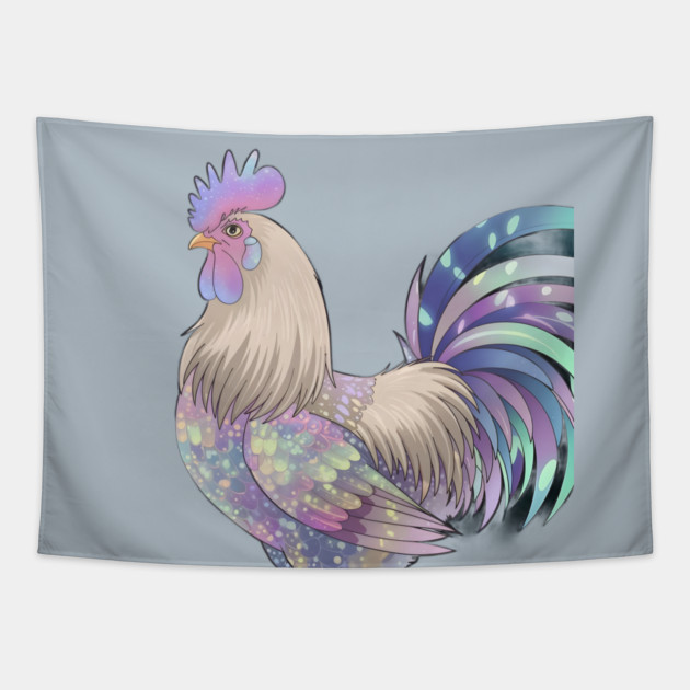 Rooster with Detailed and Colorful Plumage, Featuring Shades of Purple, Blue, and Iridescent Spots Tapestry by animegirlnft