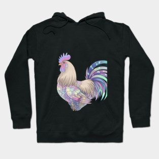 Rooster with Detailed and Colorful Plumage, Featuring Shades of Purple, Blue, and Iridescent Spots Hoodie