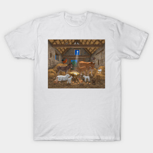 Baby Jesus Divine Manger Holy Night Christmas Nativity Scene Barnyard Farm Animals T-Shirt