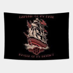 Captain of My Fate, Old School Nautical Sailing Ship Tattoo Tapestry