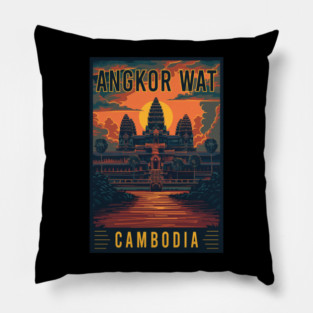 Explore the Mystique of Angkor Wat in Cambodia - Vintage Travel Art Pillow