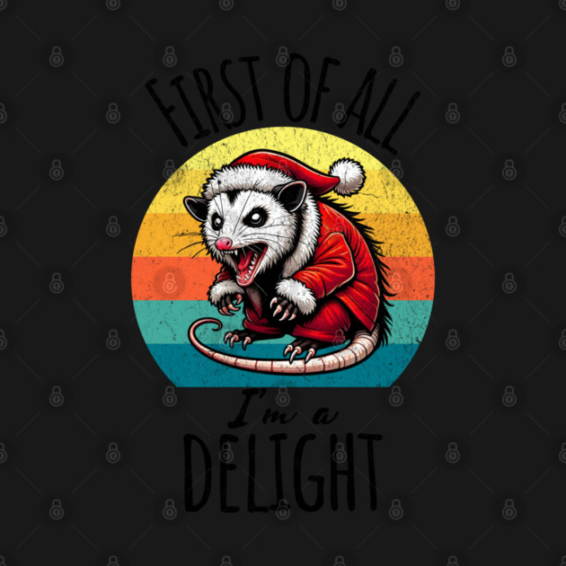 First of All I'm A Delight hissing Possum in Santa Suit against sunset by Luxinda