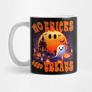 Funny Halloween - Perfect for kids woman women child children - Haunted graveyard with a cute happy and smiling Ghost and Jack-O-Lanterns pumpkins, tombstones, candles, trees and giant orange moon. No Tricks Just Treats pun Mug
